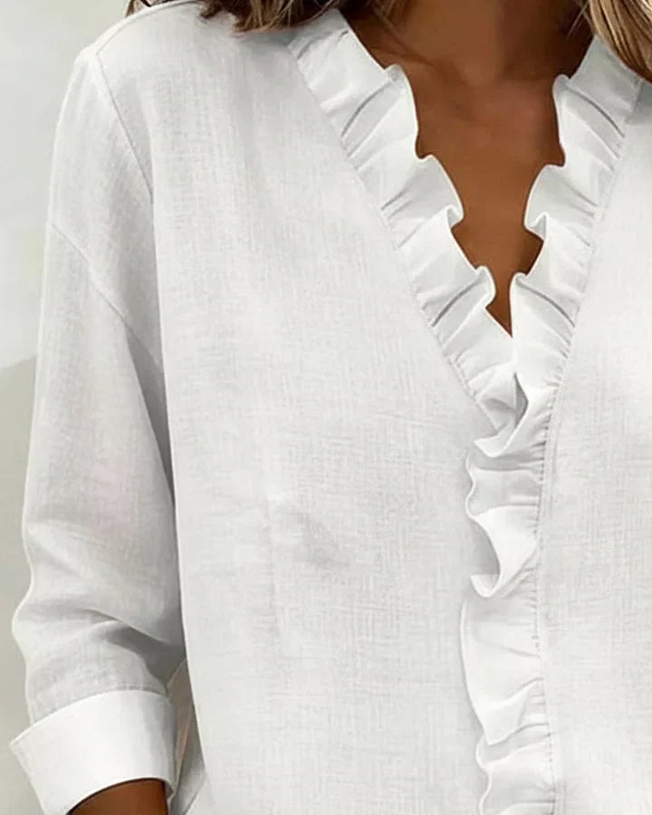Caroline | Blouse with Ruffles, V-Neck and Long Sleeves