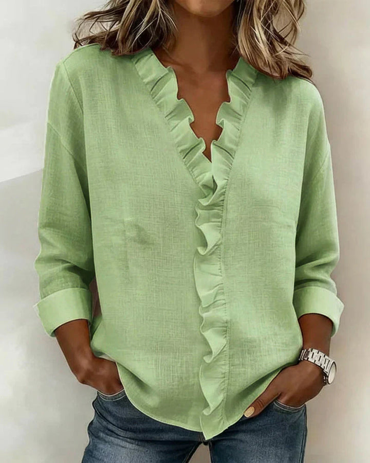 Caroline | Blouse with Ruffles, V-Neck and Long Sleeves