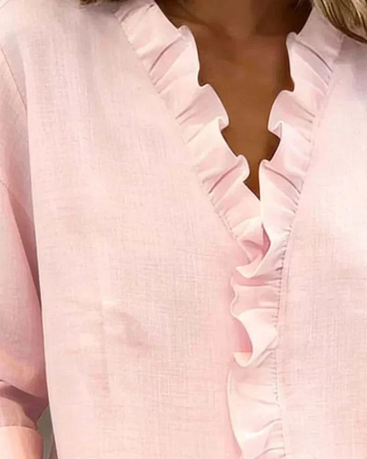 Caroline | Blouse with Ruffles, V-Neck and Long Sleeves