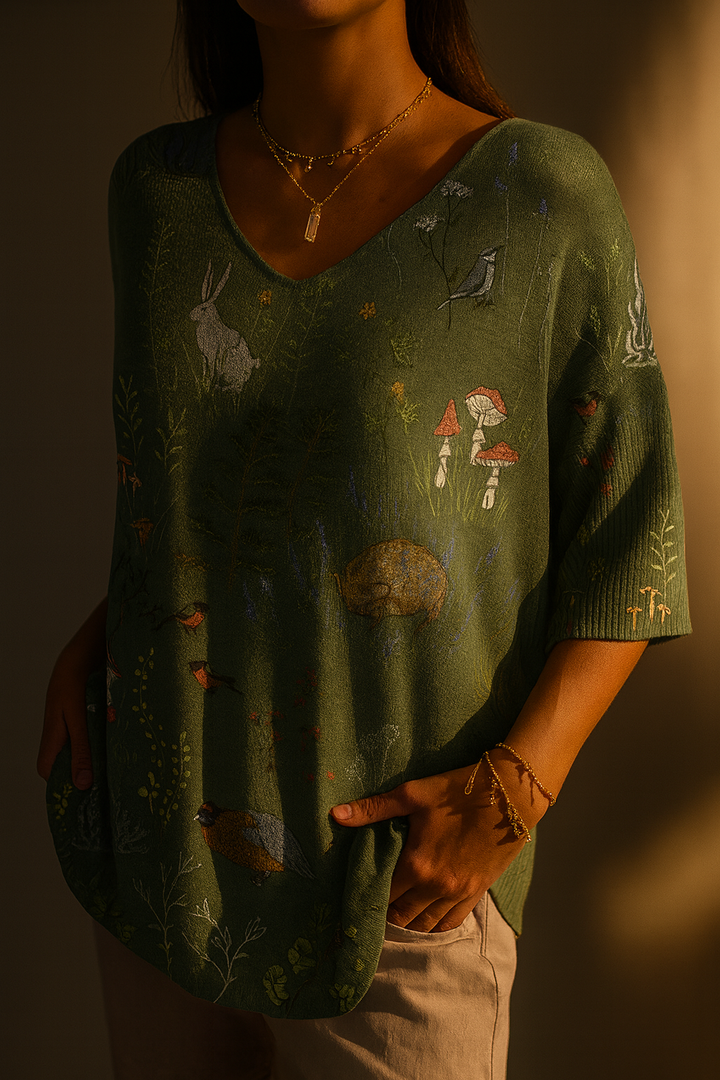 Grace | Woodland And Animals Repeat Pattern Printed Women's Casual Pullover Knit