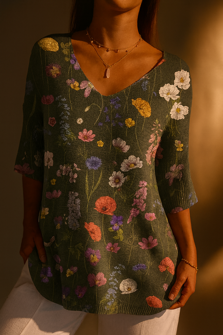 Mia | Vibrant Spring Botanical Garden Pattern Printed Women's Casual Pullover Knit