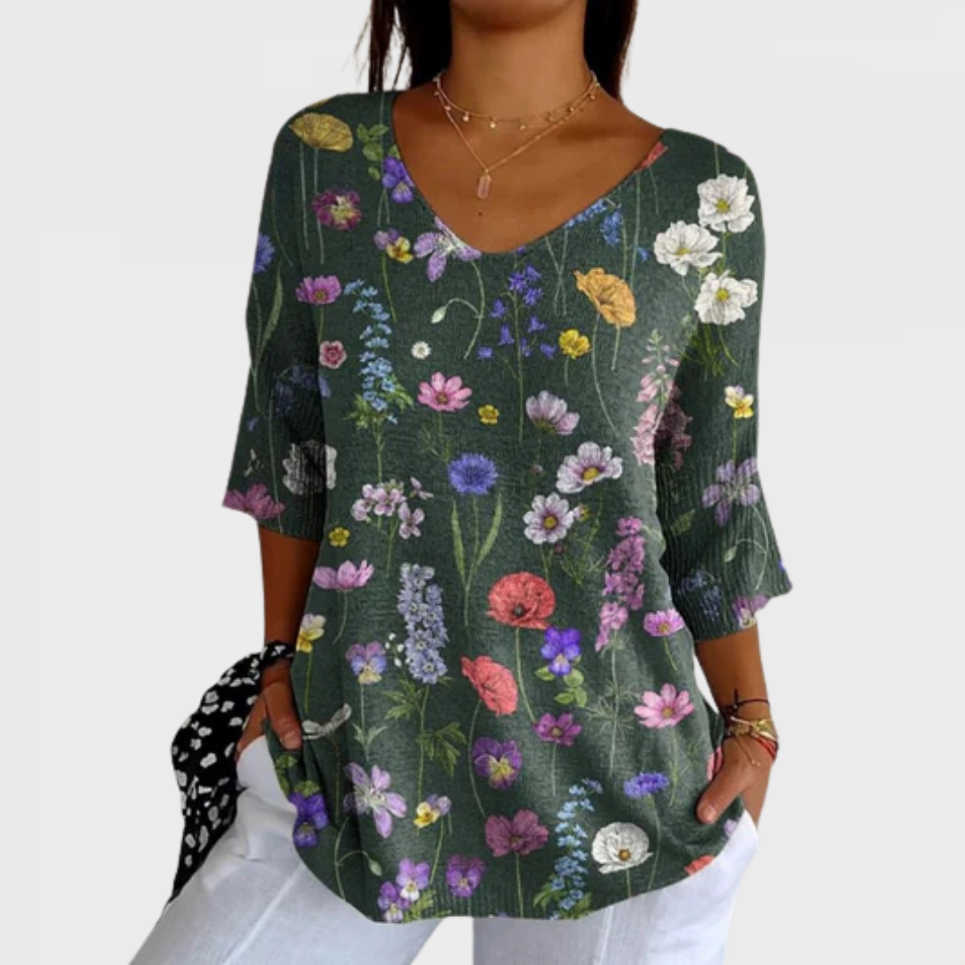 Mia | Vibrant Spring Botanical Garden Pattern Printed Women's Casual Pullover Knit