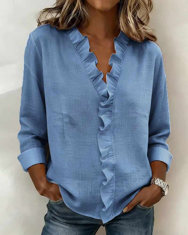 Caroline | Blouse with Ruffles, V-Neck and Long Sleeves