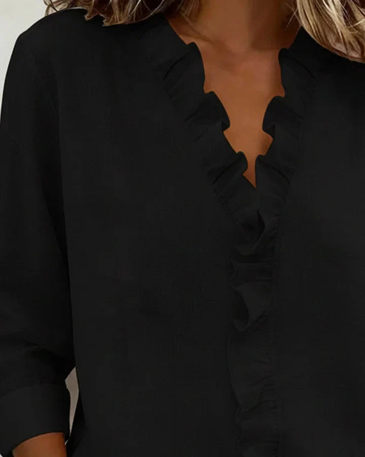 Caroline | Blouse with Ruffles, V-Neck and Long Sleeves