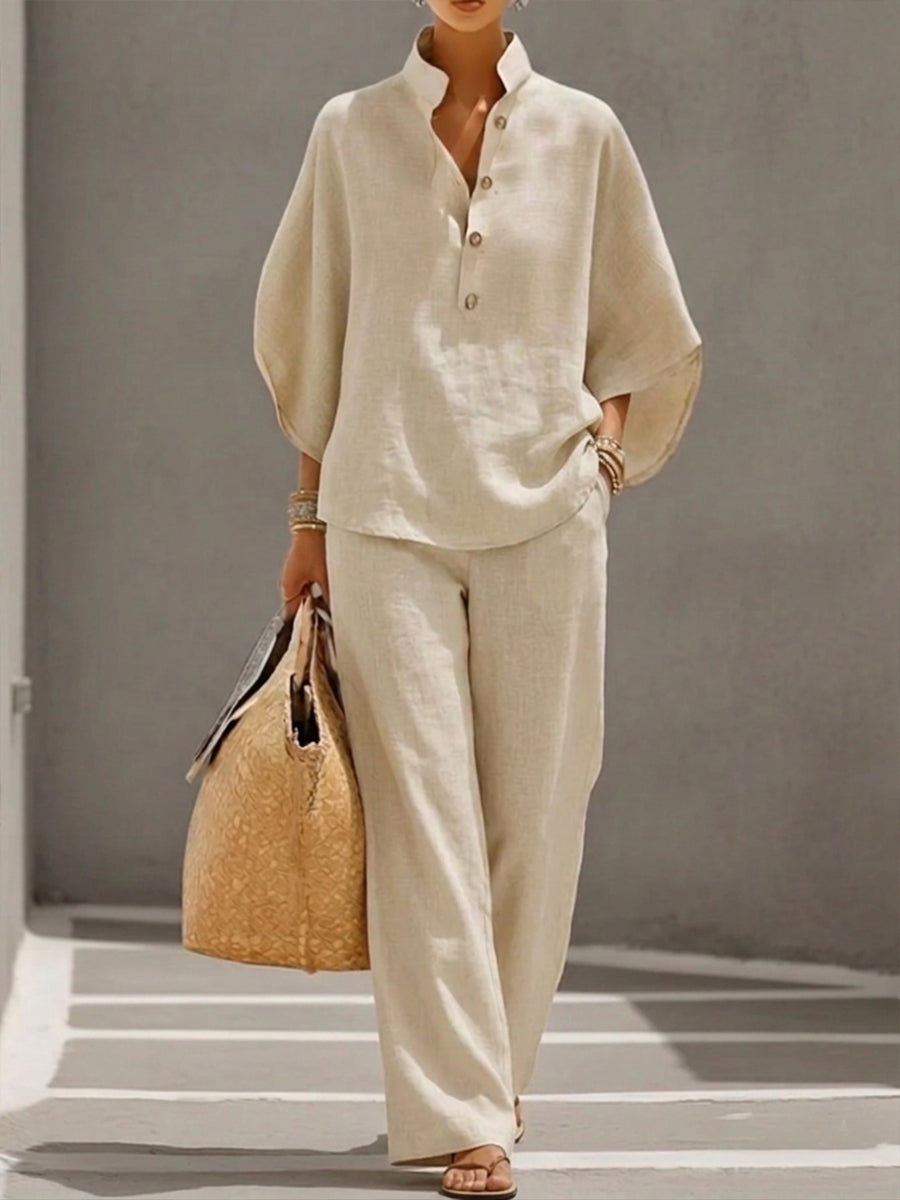 Autumn | Cotton Linen Set with Batwing Sleeves and Wide Pants