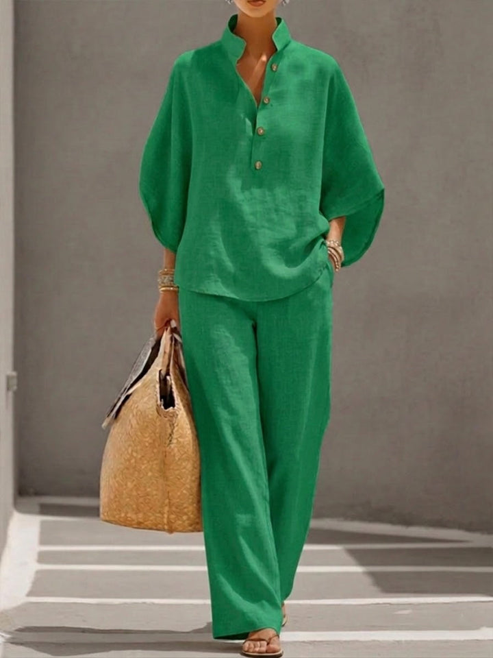 Autumn | Cotton Linen Set with Batwing Sleeves and Wide Pants