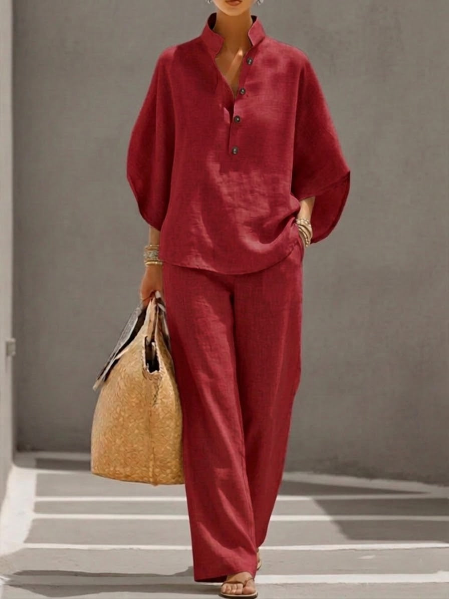 Autumn | Cotton Linen Set with Batwing Sleeves and Wide Pants