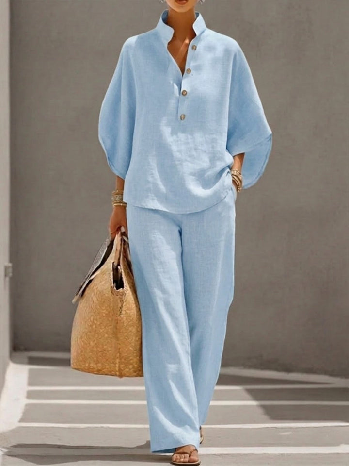 Autumn | Cotton Linen Set with Batwing Sleeves and Wide Pants