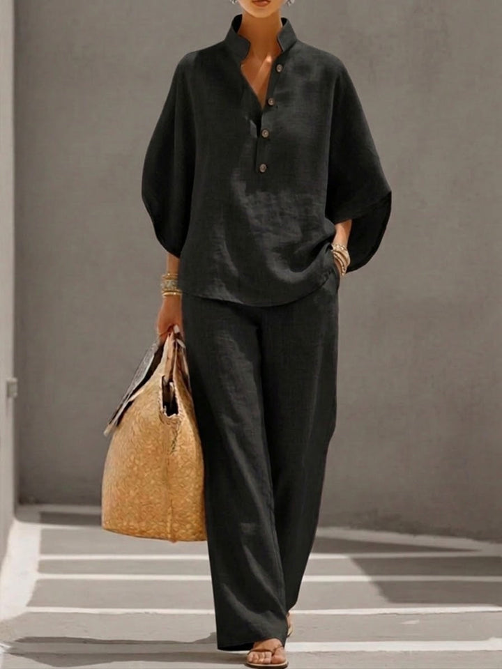 Autumn | Cotton Linen Set with Batwing Sleeves and Wide Pants
